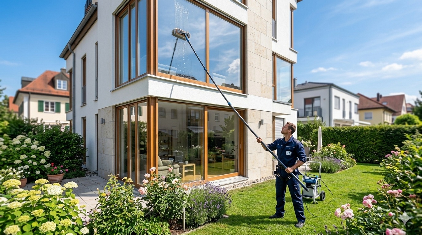 Fensterreinigung am Einfamilienhaus in München – Außenreinigung mit Teleskopstange