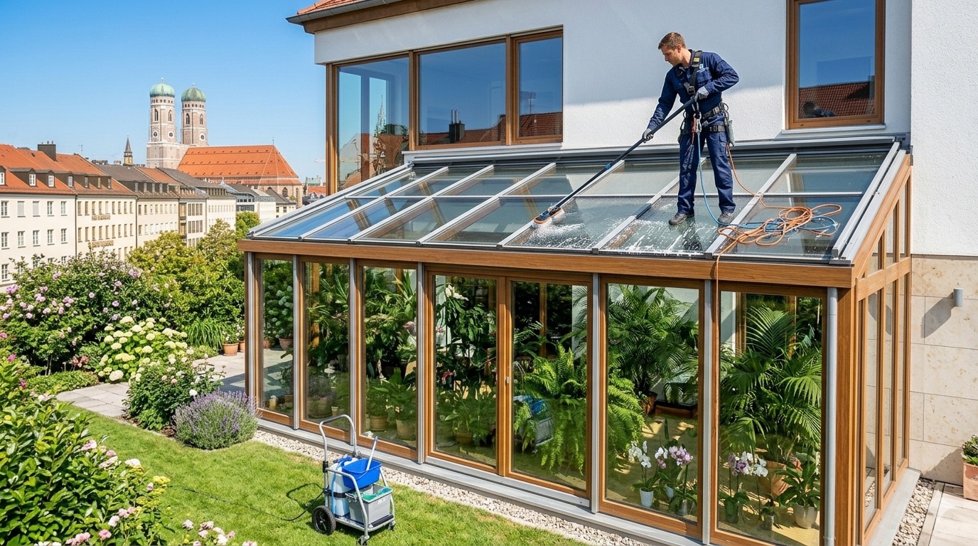 Professionelle Wintergarten-Dachrreinigung mit Teleskopstange – München