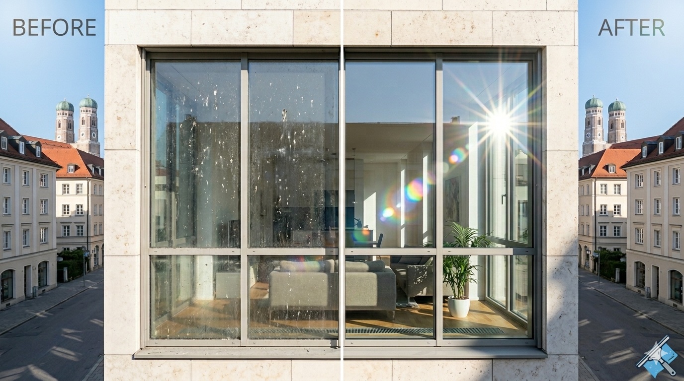 Vorher-Nachher: Professionelle Glasreinigung – links schmutzig, rechts kristallklar